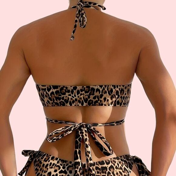 Leopard Print Halter Neck Bikini Set Cross Strape Details Size S - Picture 4 of 8